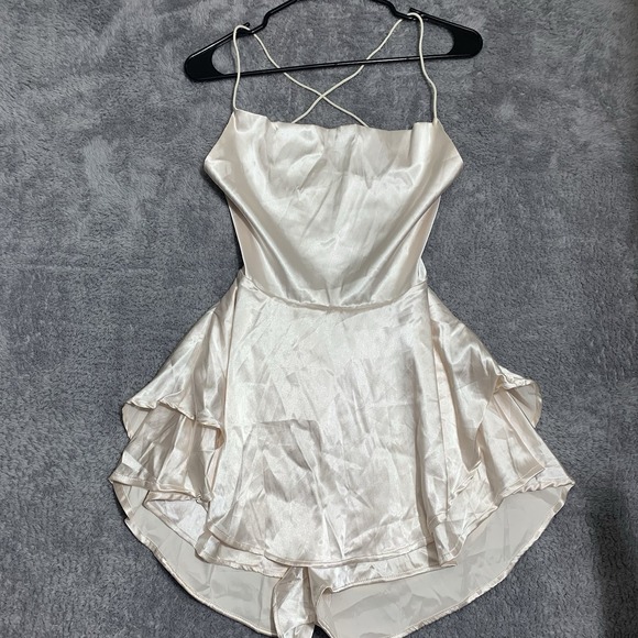 Unbranded Pants - Unbranded Satin‎ Romper Women S Champagne Cowl Neck Lace Up Back Tiered Ruffle